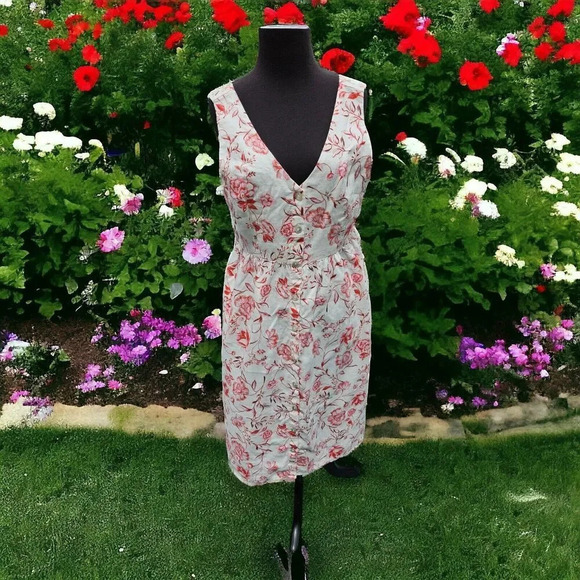 Cynthia Rowley Red Pink Floral Linen Dress Button Down V Neck Sleeveless Size 6 - Picture 1 of 8